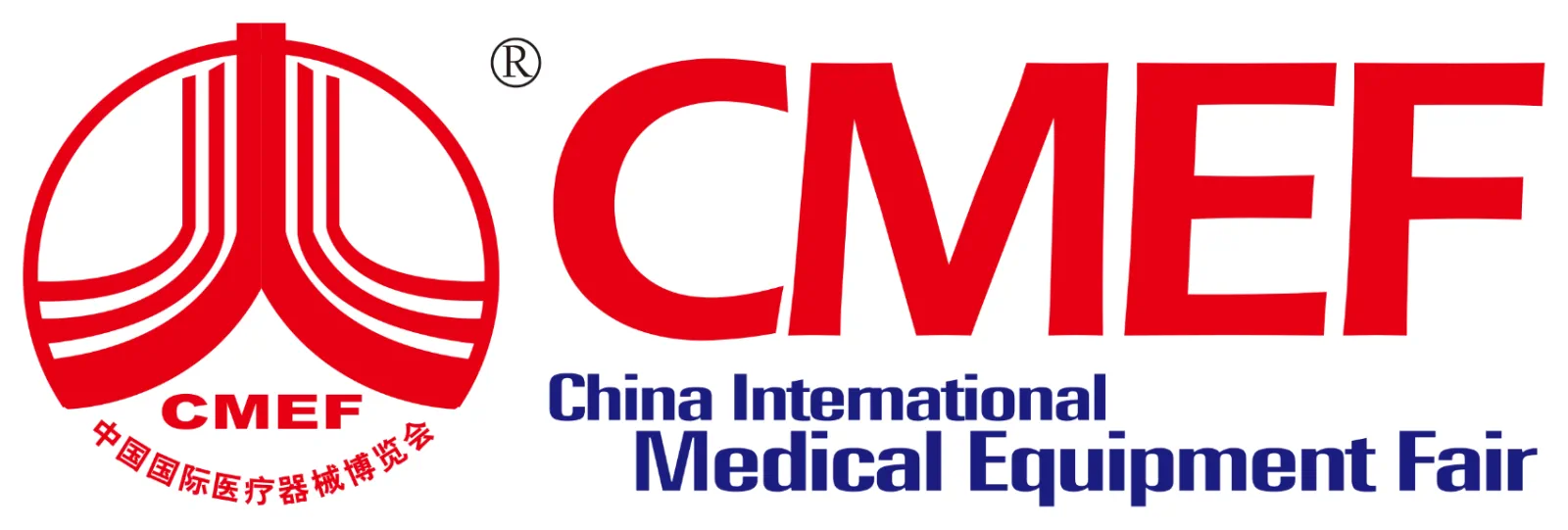 CMEF 원형 엠블럼과 빨간색 CMEF 글자, 파란색 China International Medical Equipment Fair 명칭으로 구성된 가로형 로고.